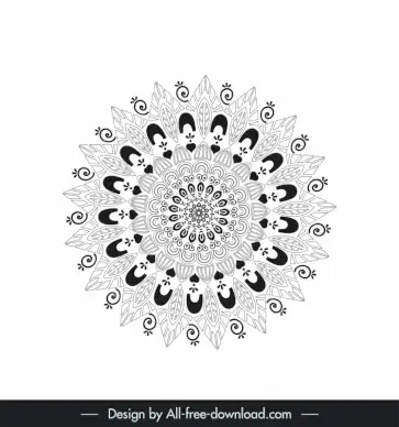 mandala flower design element black white symmetric illusion outline