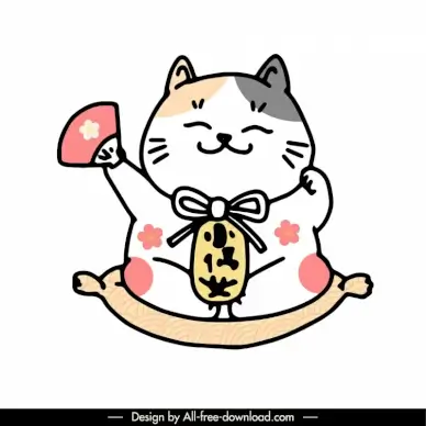 maneki neko cat icon funny handdrawn cartoon outline 