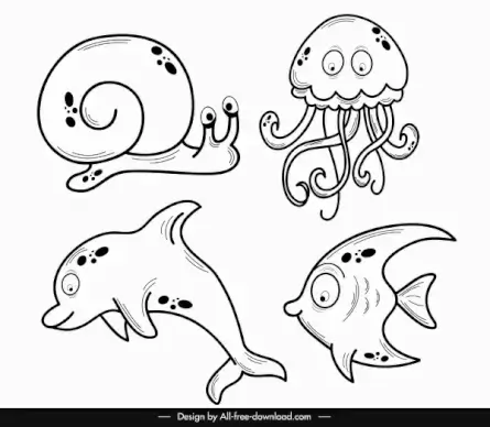 marine animals icons snail fish dolphin octopus sketch