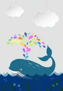 marine background whale icon decor paper cut style