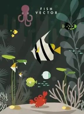 marine life background fishes crab octopus icons decor