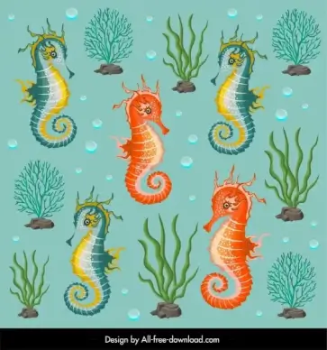 marine pattern template seahorses coral icons decor