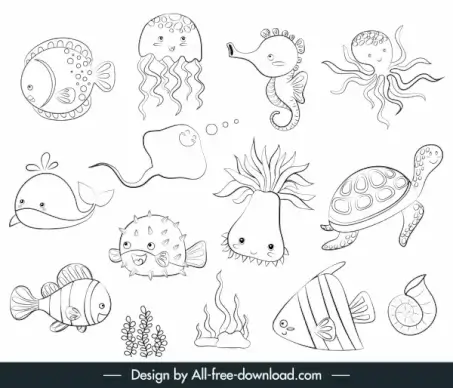 marine species icons back white handdrawn sketch