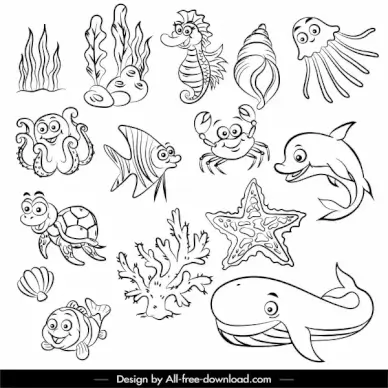 marine species icons black white handdrawn cartoon sketch