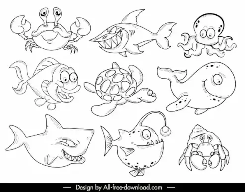 marine species icons cartoon characters black white handdrawn