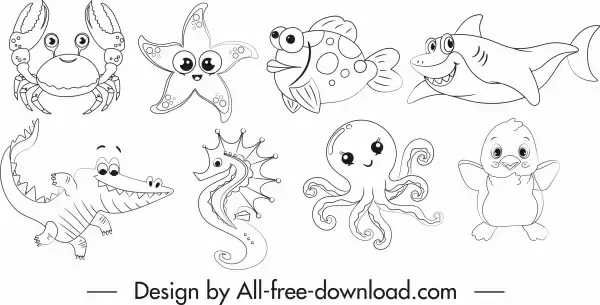 marine species icons cartoon sketch black white handdrawn