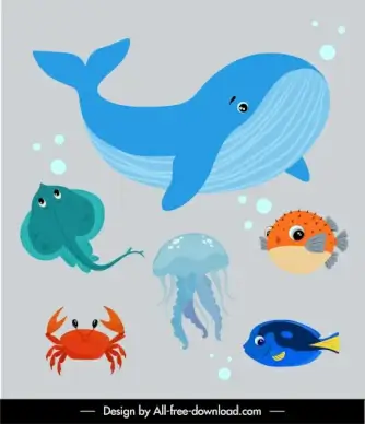 marine species icons colorful flat cartoon sketch