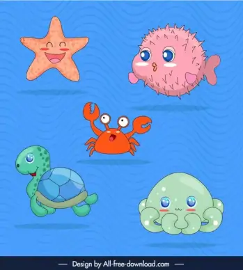 marine species icons cute cartoon sketch