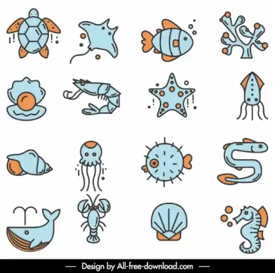 marine species icons flat handdrawn sketch