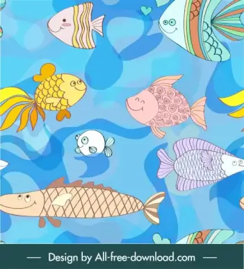 marine species pattern cute cartoon fishes colorful handdrawn