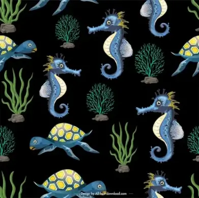 marine species pattern seahorse tortoise coral icons decor