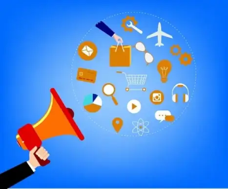 marketing concept speaker icon various colored business symbols