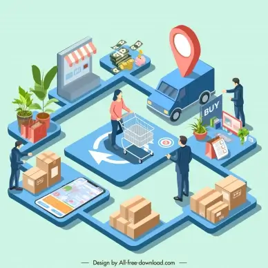 marketing overview banner template 3d cartoon business elements