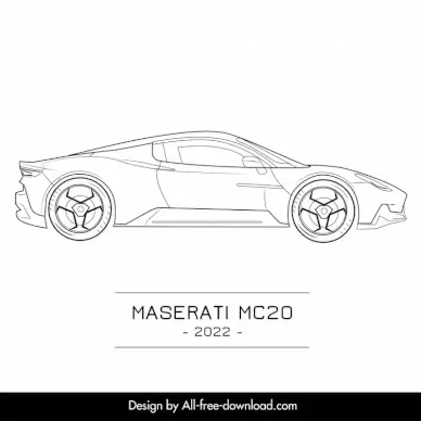 maserati mc20 2022 car advertising template flat black white handdrawn side view outline