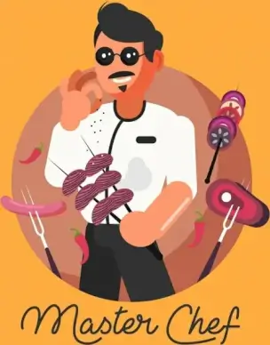 master chef banner male cook grilled food icons