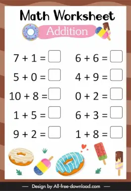 math worksheet for kids template addition mathematic sketch cakes ice creams leaf decor