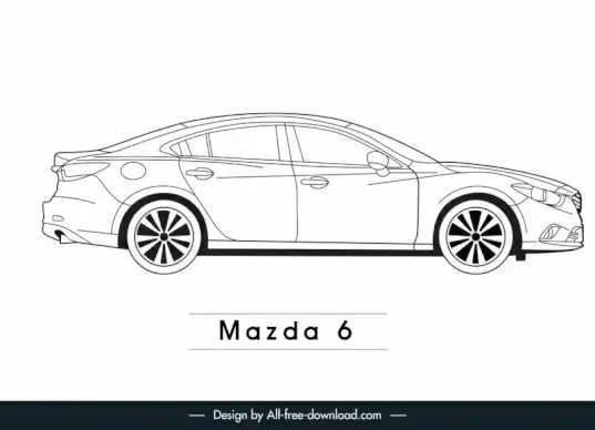 mazda 6 car advertising banner sid view outline flat black white handdrawn 