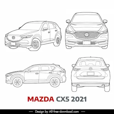 mazda cx5 2021 car model icon  black white different views outline  