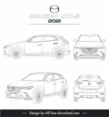 mazda cx 3 2021 car advertising template black white handdrawn different views outline