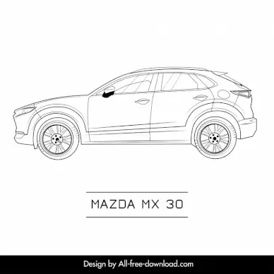 mazda mx 30 car model icon flat black white handdrawn side view outline
