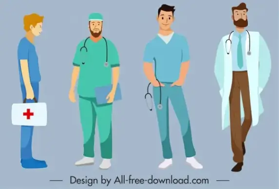medic occupation icons men sketch colored cartoon characters