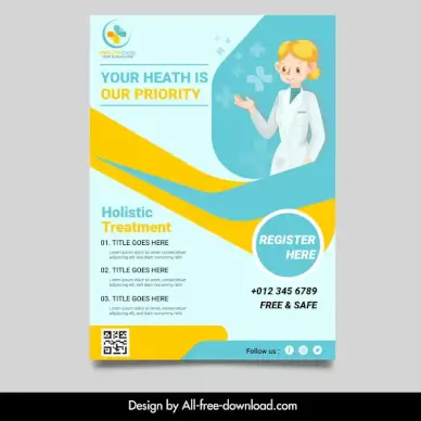 medical service flyer template cute female doctor cartoon design 