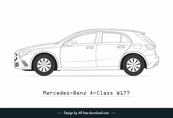 mercedes benz a class w177 car model advertising template flat black white handdrawn side view outline 