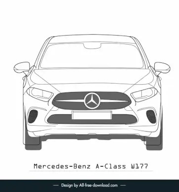 mercedes benz a class w177 car model template flat black white handdrawn front view outline symmetric design