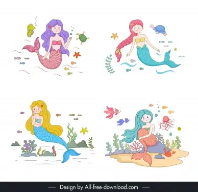 mermaid design elements collection cute cartoon 