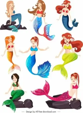 mermaid icons collection cute young girls sketch