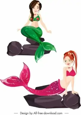 mermaid icons colored young girls cartoon sketch