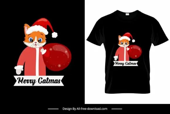 merry catmas typographic tshirt template cute stylized santa claus cat icon