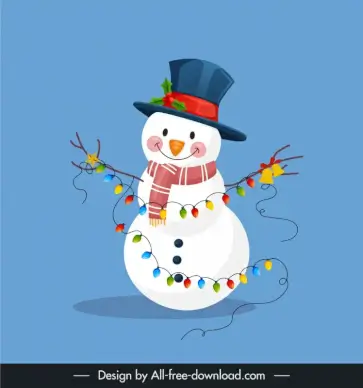 merry christmas design elements happy snowman icon decorated lights sketch 