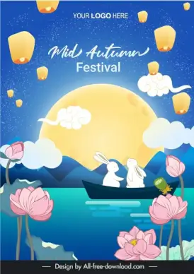 mid autumn poster template cute bunnies clouds lantern lotus