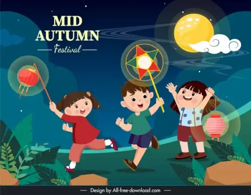 mid autumn poster template dynamic children playing lanterns scene 