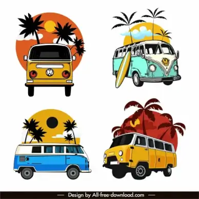 mini bus icons colorful classical sketch