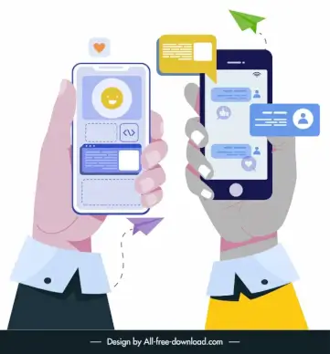 mobile app development services advertising banner hands holding smartphones chat application sketch