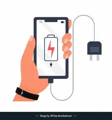 mobile phone charging design element hand holding smartphone plug sketch