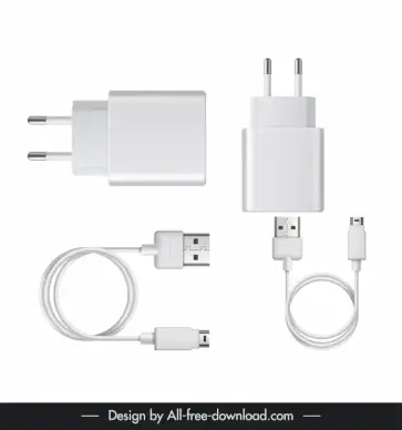 mobile smart phones charging tools icons modern white realistic sketch