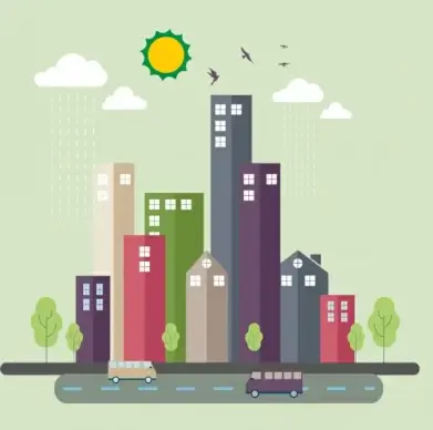 modern city background high buildings cars icons