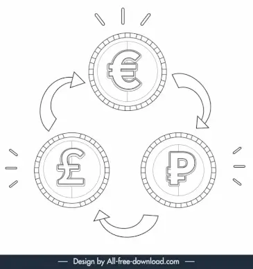 money transfer icon black white coins circulation arrows sketch
