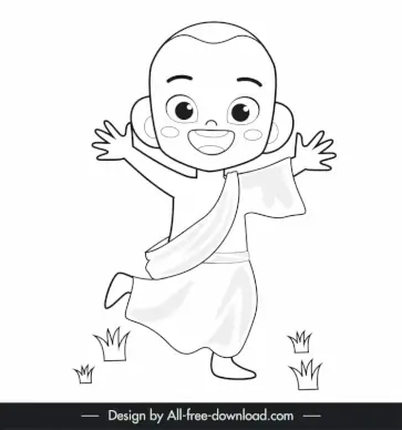 monk happy icon cute black white cartoon character outline