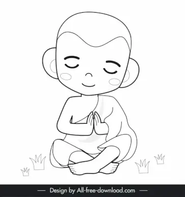 monk meditate icon sitting boy sketch black white cartoon character outline