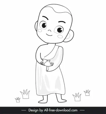 monk standing icon lovely bw cartoon character sketch