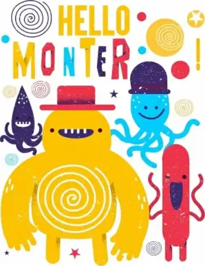 monster background cute cartoon icons retro design