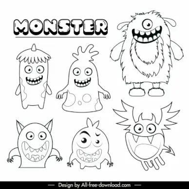 monsters icons funny design black white handdrawn cartoon