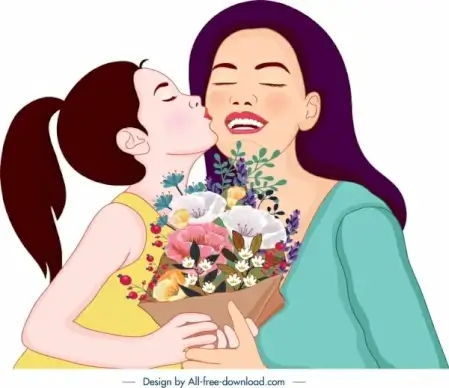 mother day painting daughter kissing mom cartoon characters