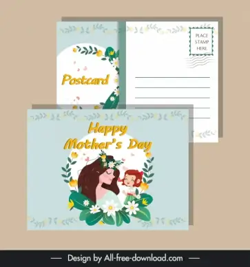 mother day postcard template cute flowers mother baby cartoon