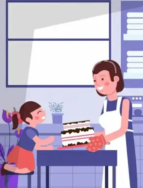 motherhood drawing mother daughter cake icons cartoon design