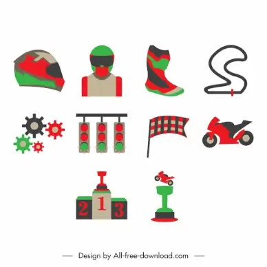 motor racing icons sets flat classic symbols sketch